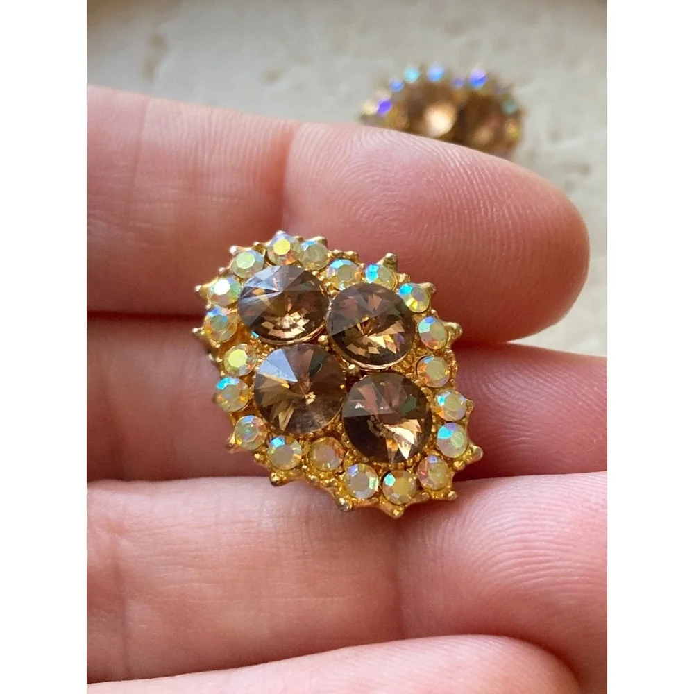 Vintage Clip On Earrings AB Halo Gold Tone Smoky Brown Rhinestone Romantic Glam